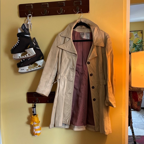 Ward Bros Jackets & Blazers - Light Beige Leather Trench Coat with Mauve Lining